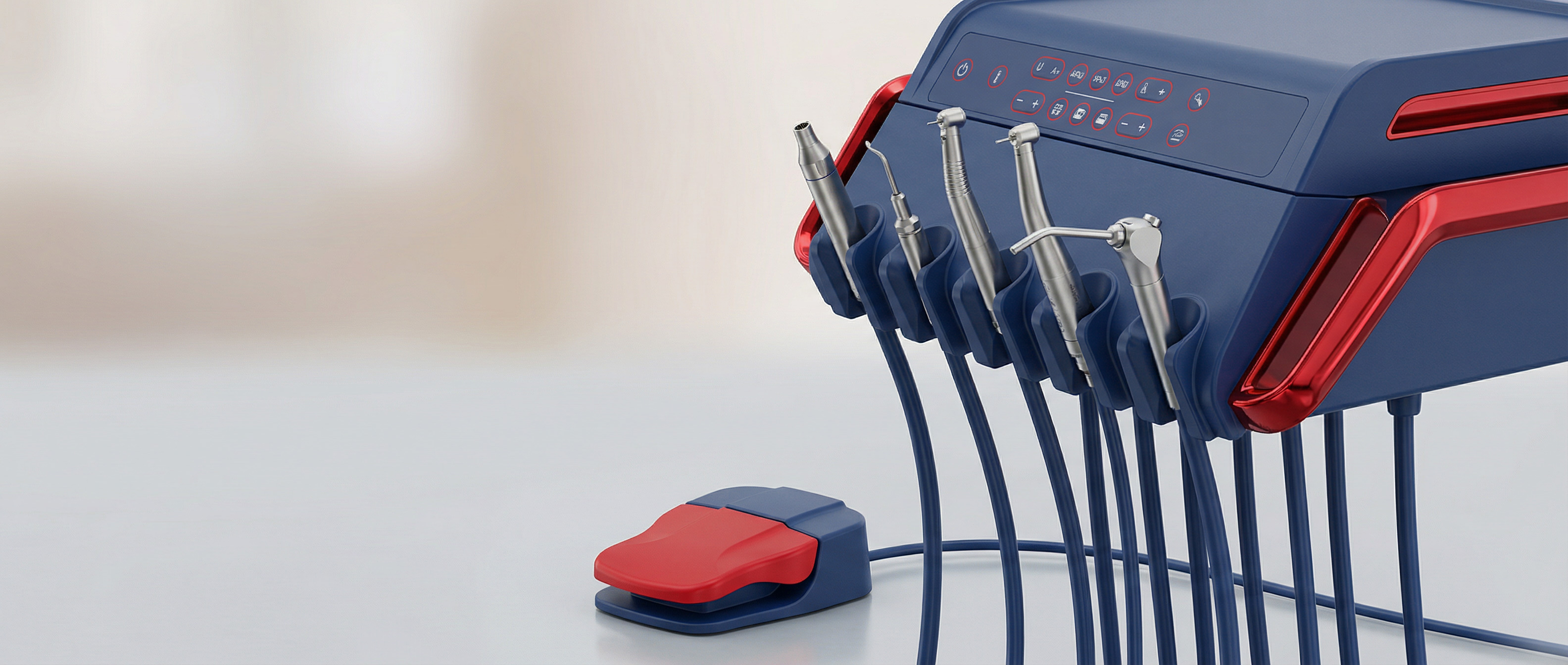 Инструментальный модуль стоматологической установки с рукавами и ножной педалью