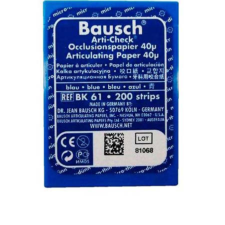 Бумага артикуляционная Bausch BK-61, 40мкм. Синяя (200 листов) Бумага артикуляционная Bausch BK-61, 40мкм. Синяя (200 листов)