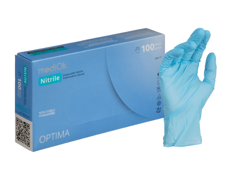Перчатка нитриловая MediOK OPTIMA L Голубая (50 пар) Перчатка нитриловая MediOK OPTIMA L Голубая (50 пар)