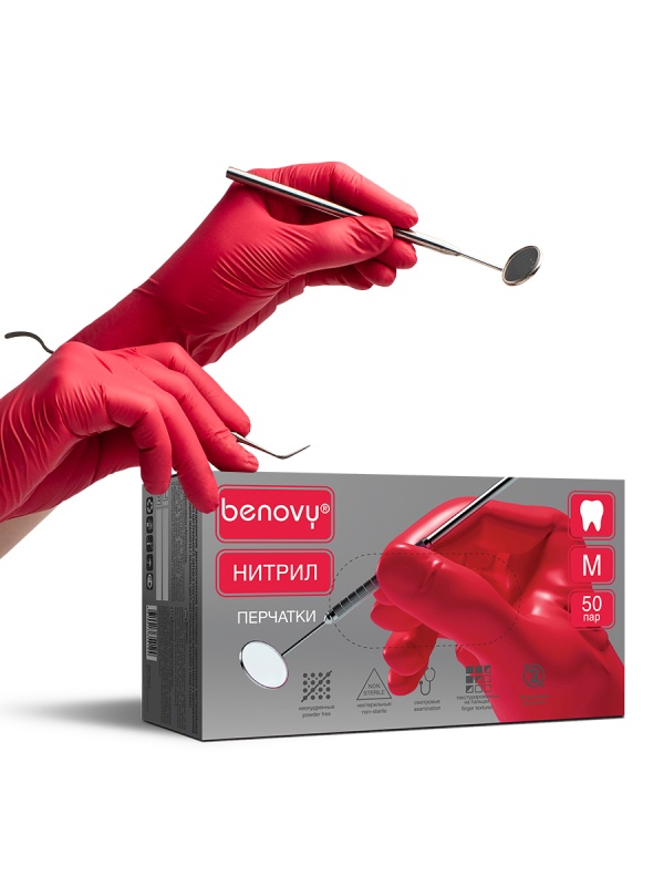Перчатка нитриловая Benovy M Красная (50 пар) Перчатка нитриловая Benovy M Красная (50 пар)