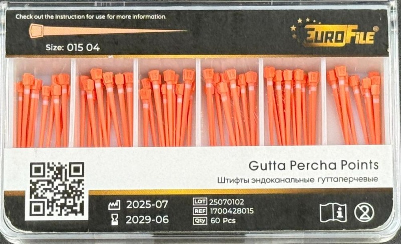 Штифты гуттаперчевые EuroFile, конусность 04, ISO-15 (60шт.)